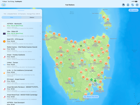 FuelMapAU fuel stations across Tasmania on iPad