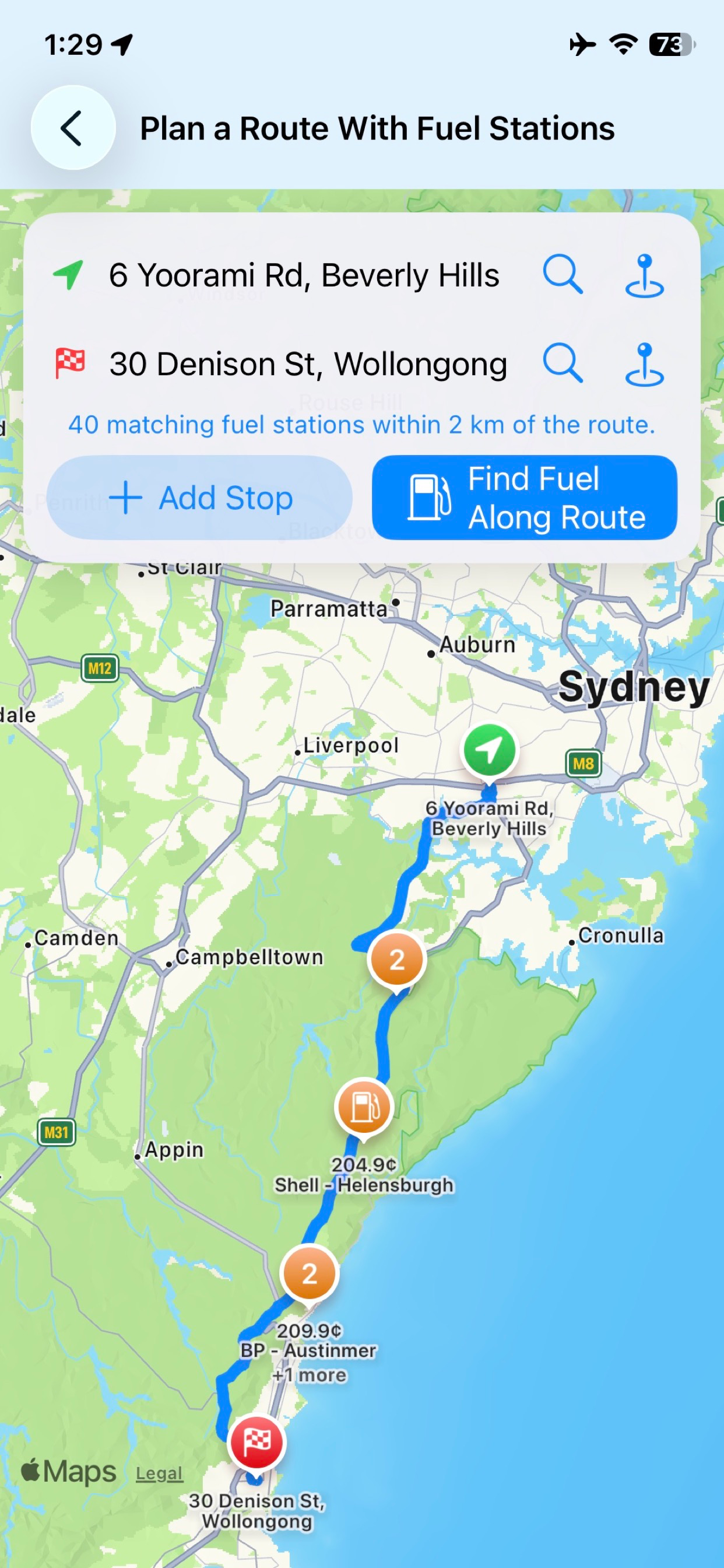 FuelMapAU route planning with fuel stations on iPhone