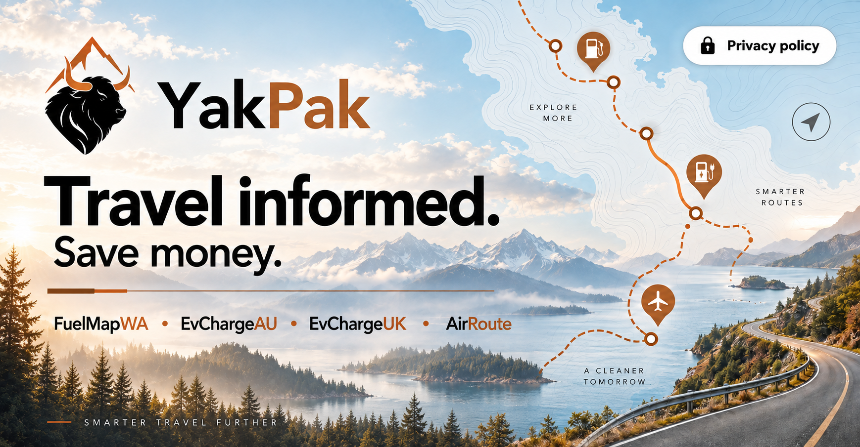 YakPak. Travel informed. Save money. Mountain lakes and a winding coastal road.
